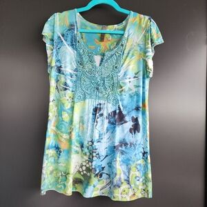 🪼EUC  DENVER HAYES  MULTI COLORED TOP W/ EMBROIDERED BODICE - SIZE SMALL
